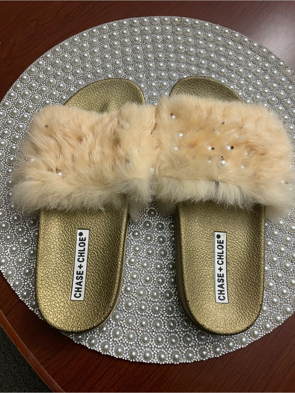 Chase + Chloe Gold Slides with Blush Faux Fur and Pearl Accents